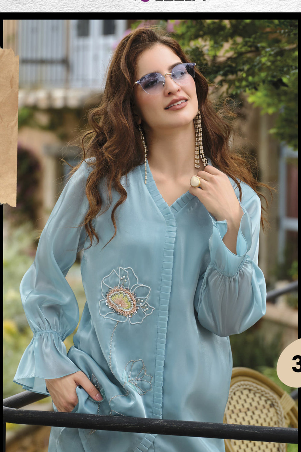 Sky Blue Handwork Viscose Silk Cord-Set Suit with Pant with Pocket