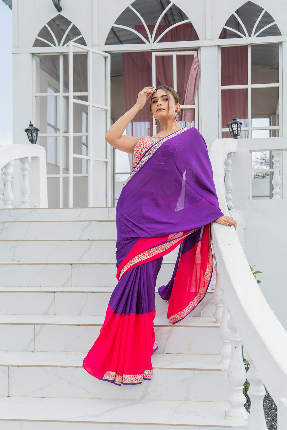 Two Blouse Concept – Yellow-Pink Tween shade Georgette Saree with Sequin Border Work