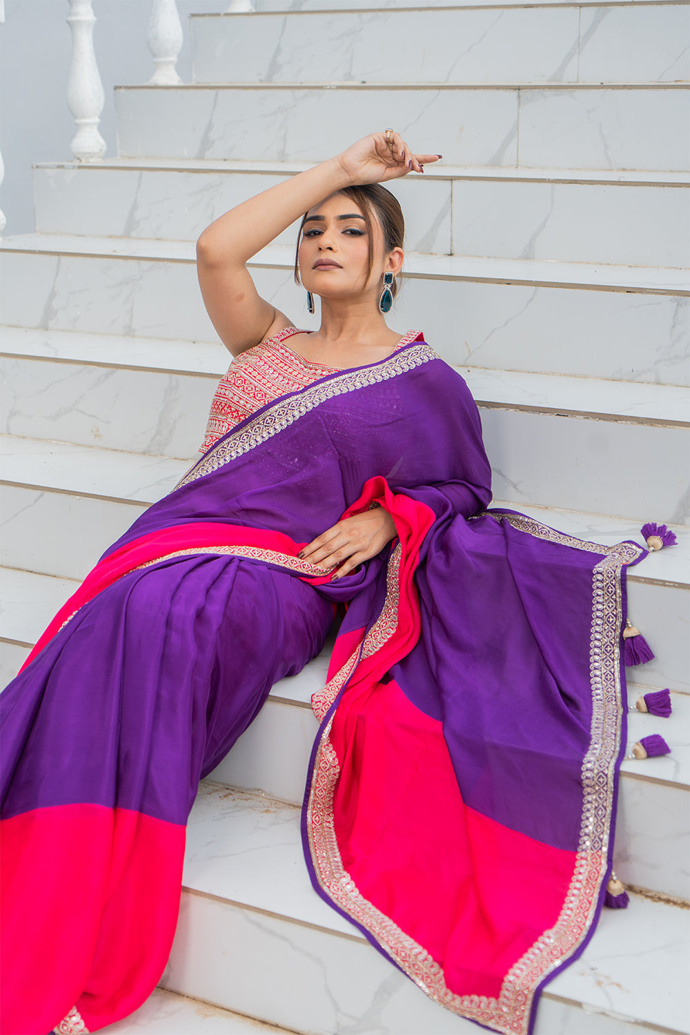 Two Blouse Concept – Yellow-Pink Tween shade Georgette Saree with Sequin Border Work