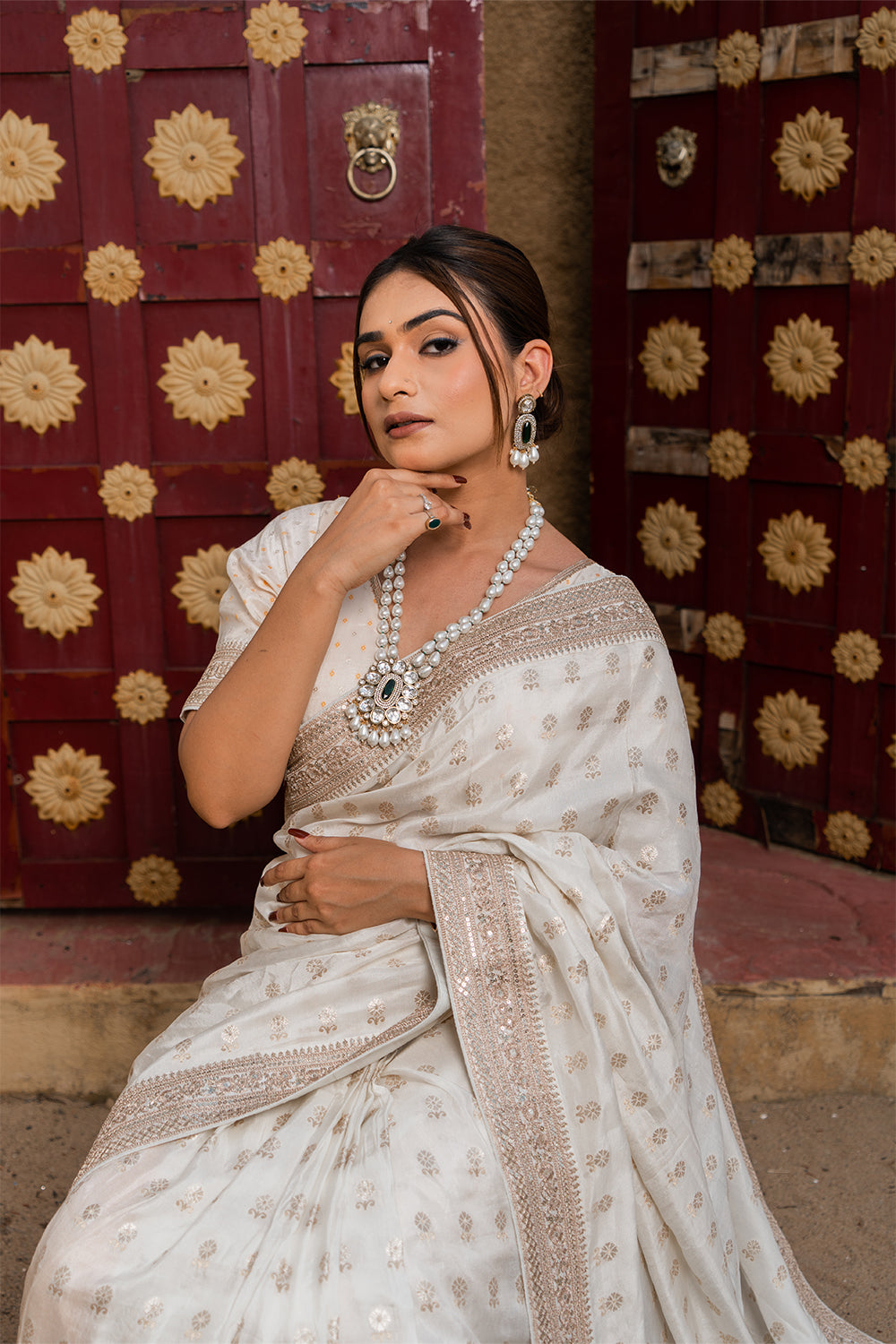Cream Silk Saree with Golden Buti Work and Rich Zari Border