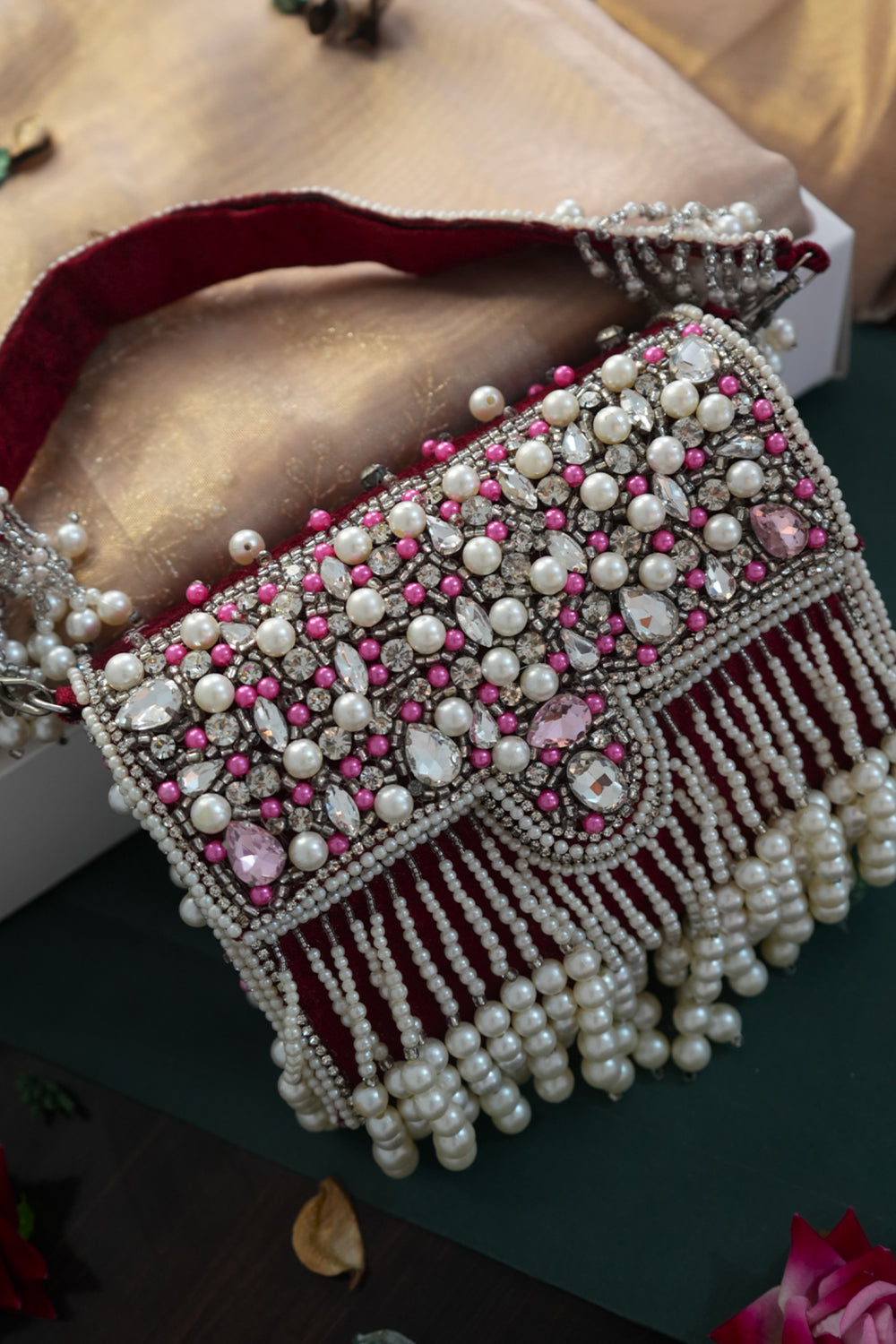 Zari Adorned Maroon Handbag with Pink Beads, Pearls, and Tassel