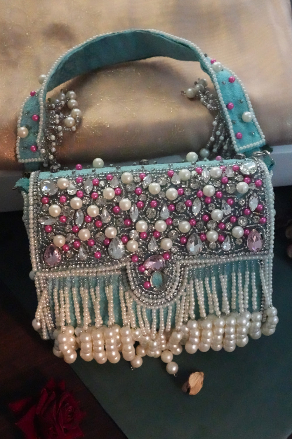 Zari Adorned Maroon Handbag with Pink Beads, Pearls, and Tassel
