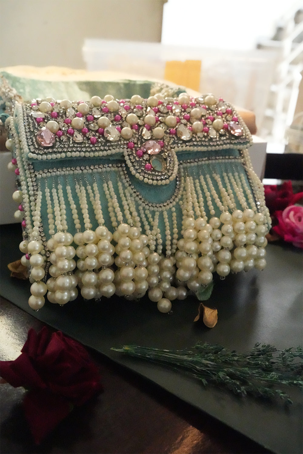 Zari Adorned Maroon Handbag with Pink Beads, Pearls, and Tassel