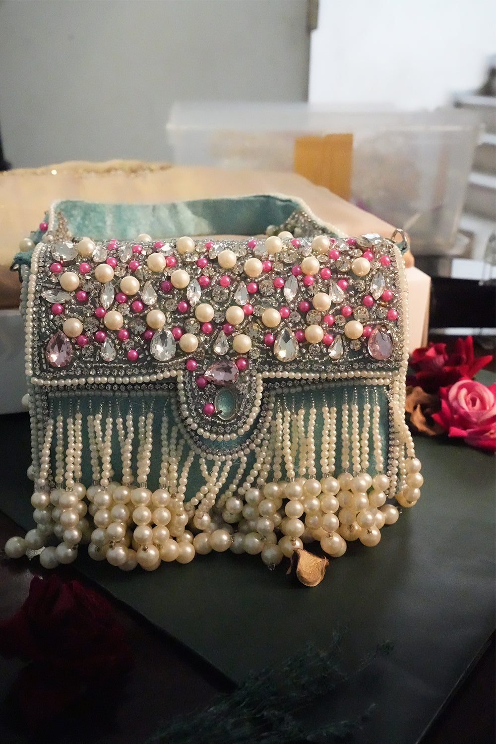 Zari Adorned Maroon Handbag with Pink Beads, Pearls, and Tassel