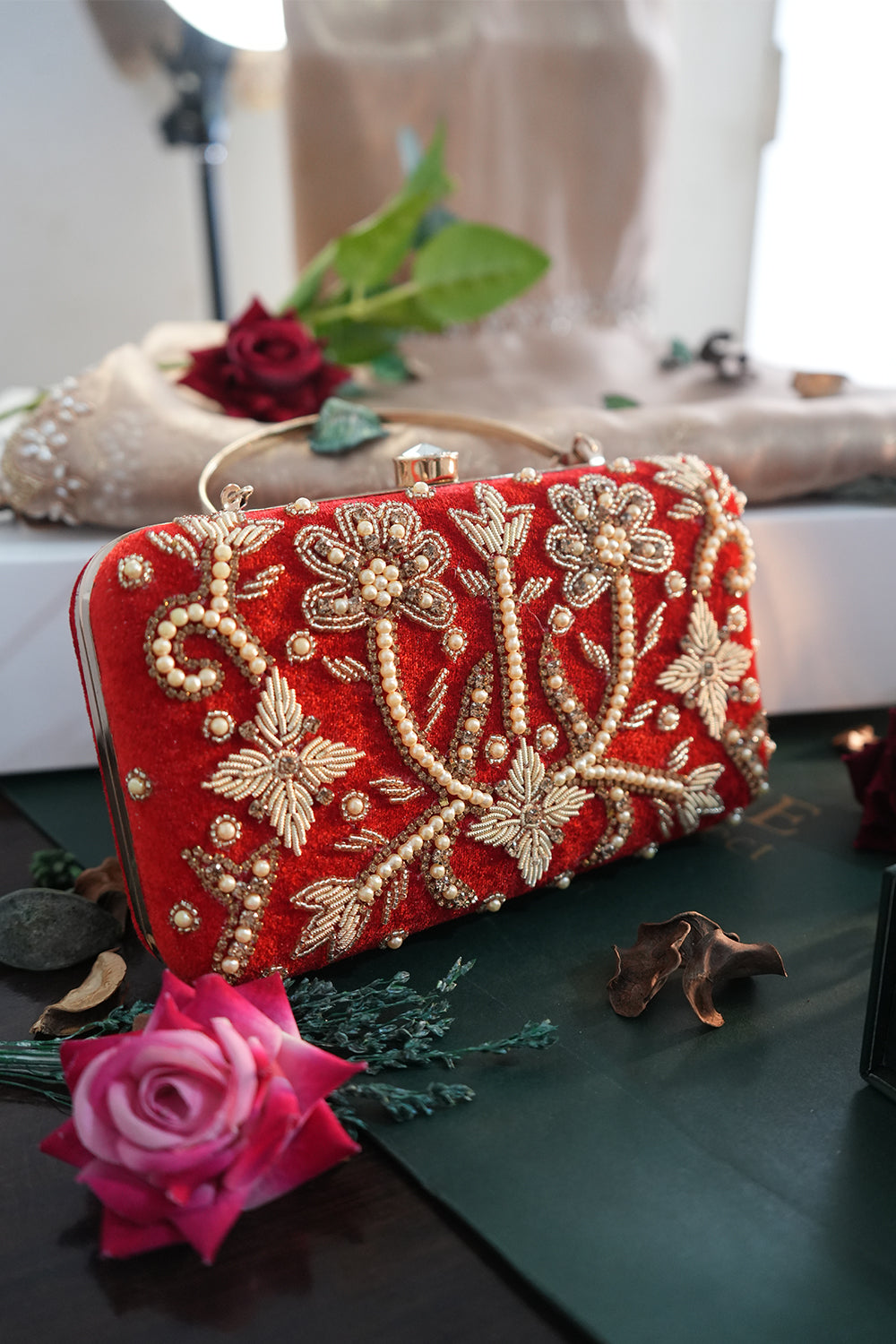 Handcrafted Red Velvet Zardosi Clutch with Pearls & Handle