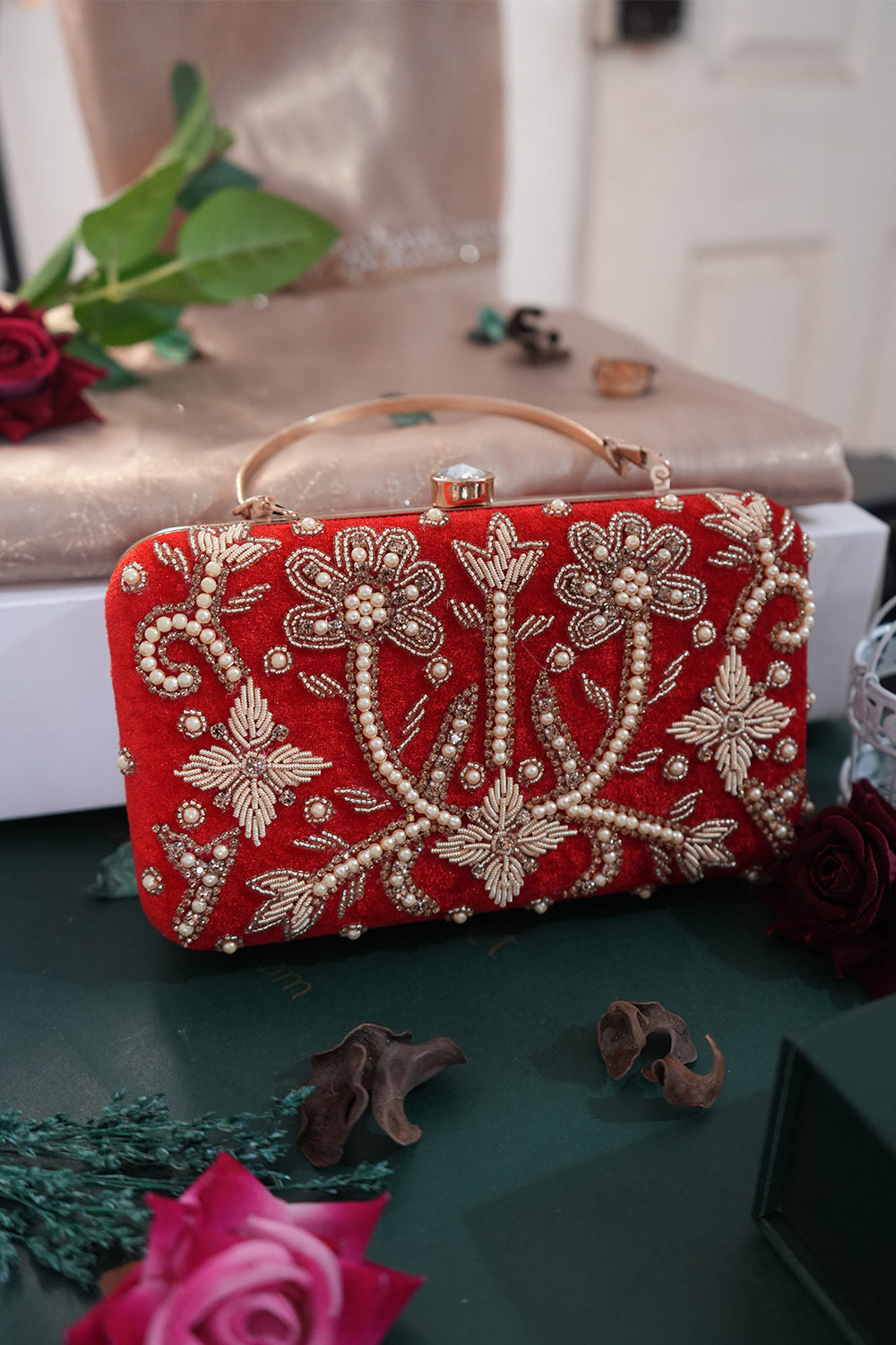 Handcrafted Red Velvet Zardosi Clutch with Pearls & Handle