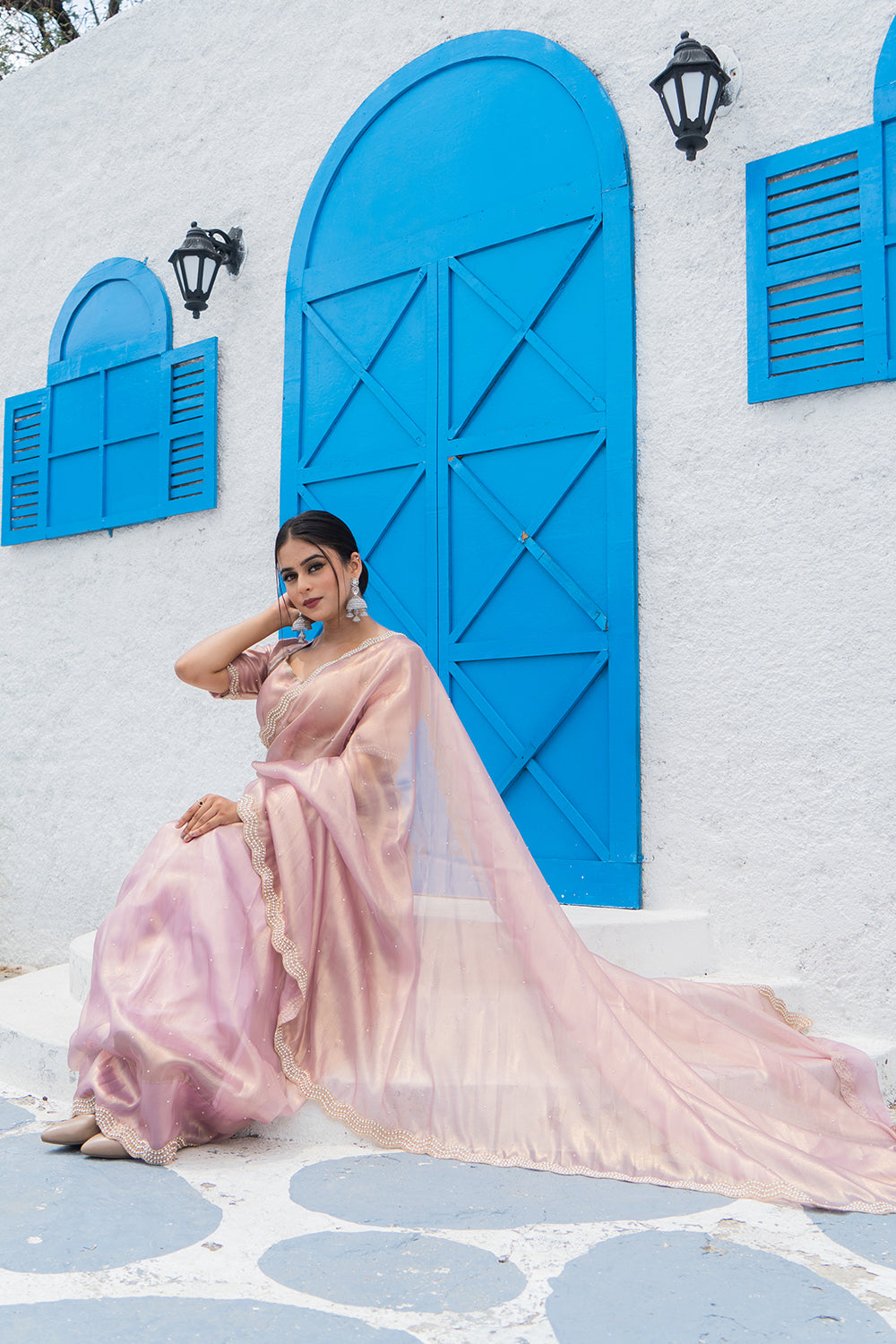Sea Green Shimmer Organza Saree with Pearl and Sequin work