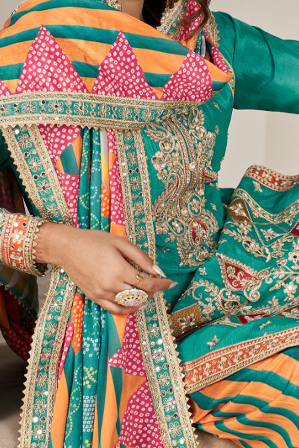 Green Silk Suit with Zari Embroidery with Designer Dhoti Pant & Dupatta