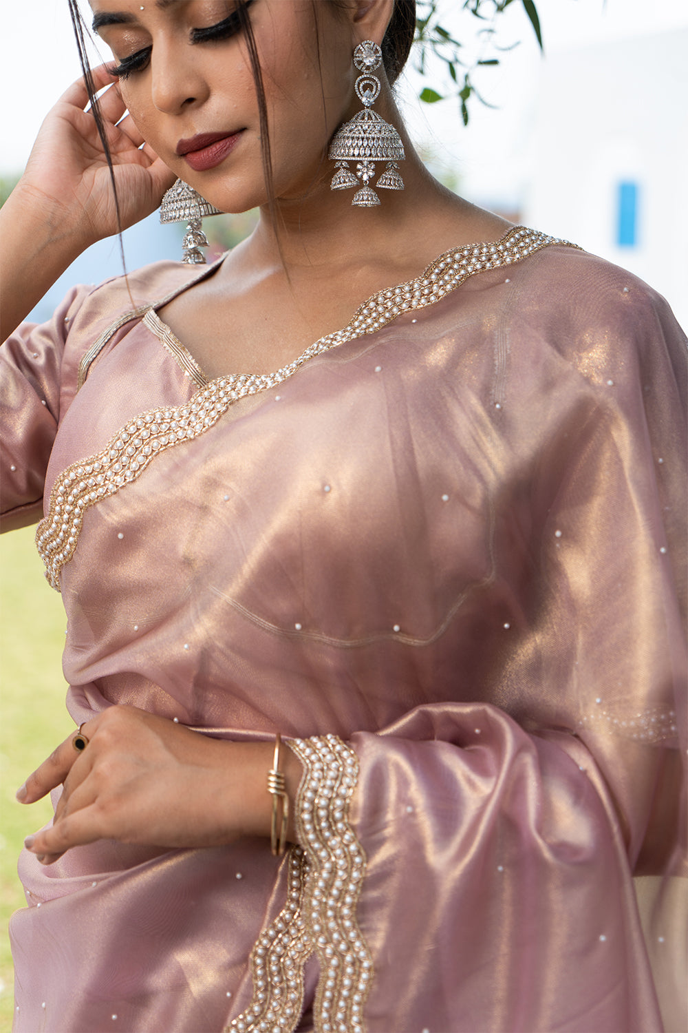Sea Green Shimmer Organza Saree with Pearl and Sequin work