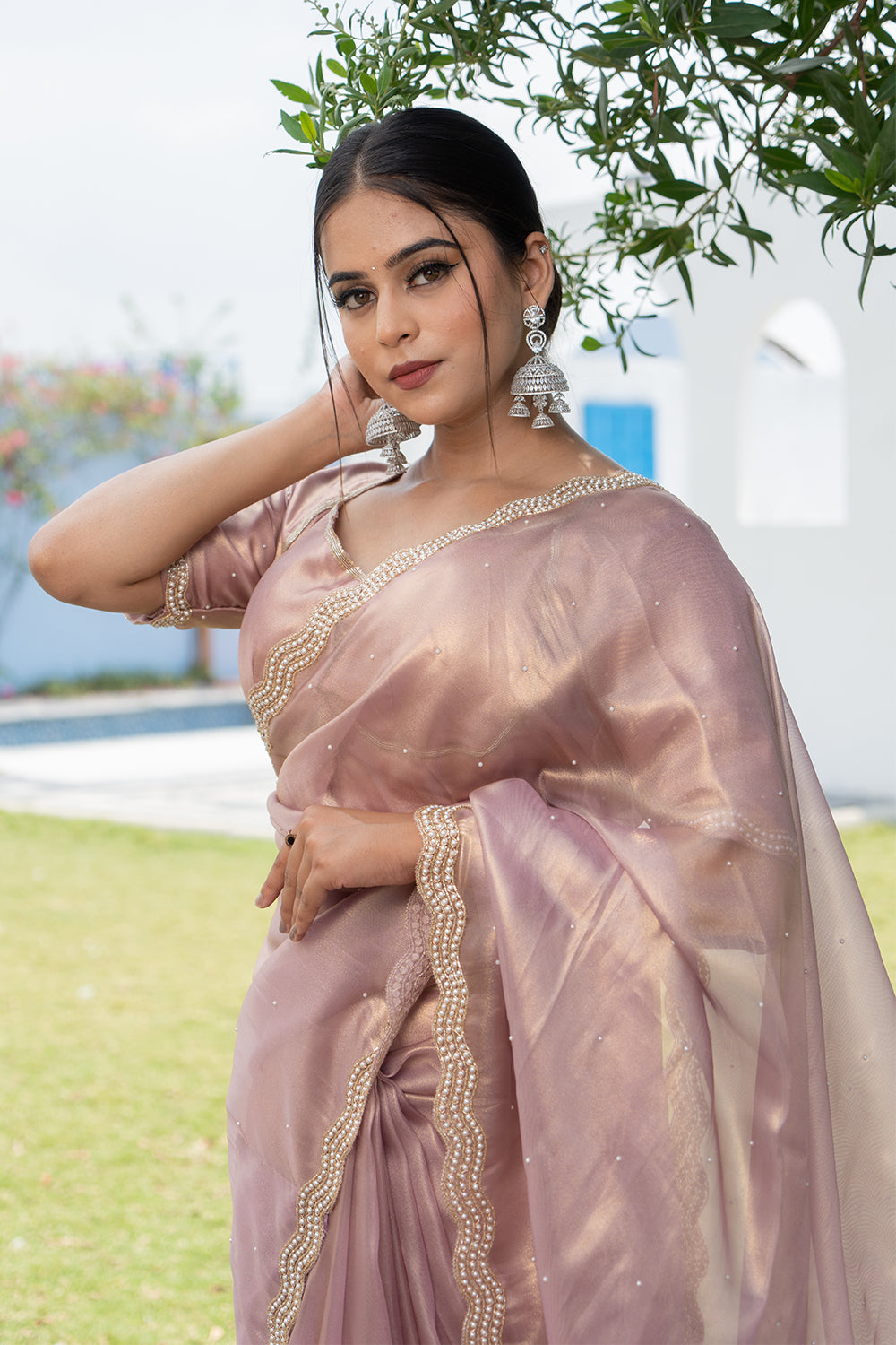 Sea Green Shimmer Organza Saree with Pearl and Sequin work