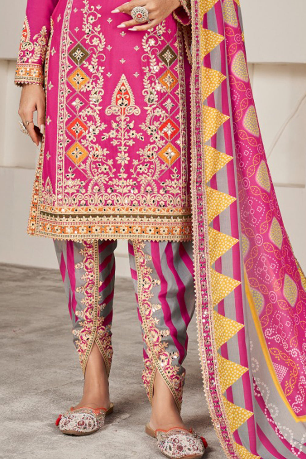 Magenta Pink Silk Suit with Zari Embroidery with Designer Dhoti Pant & Dupatta