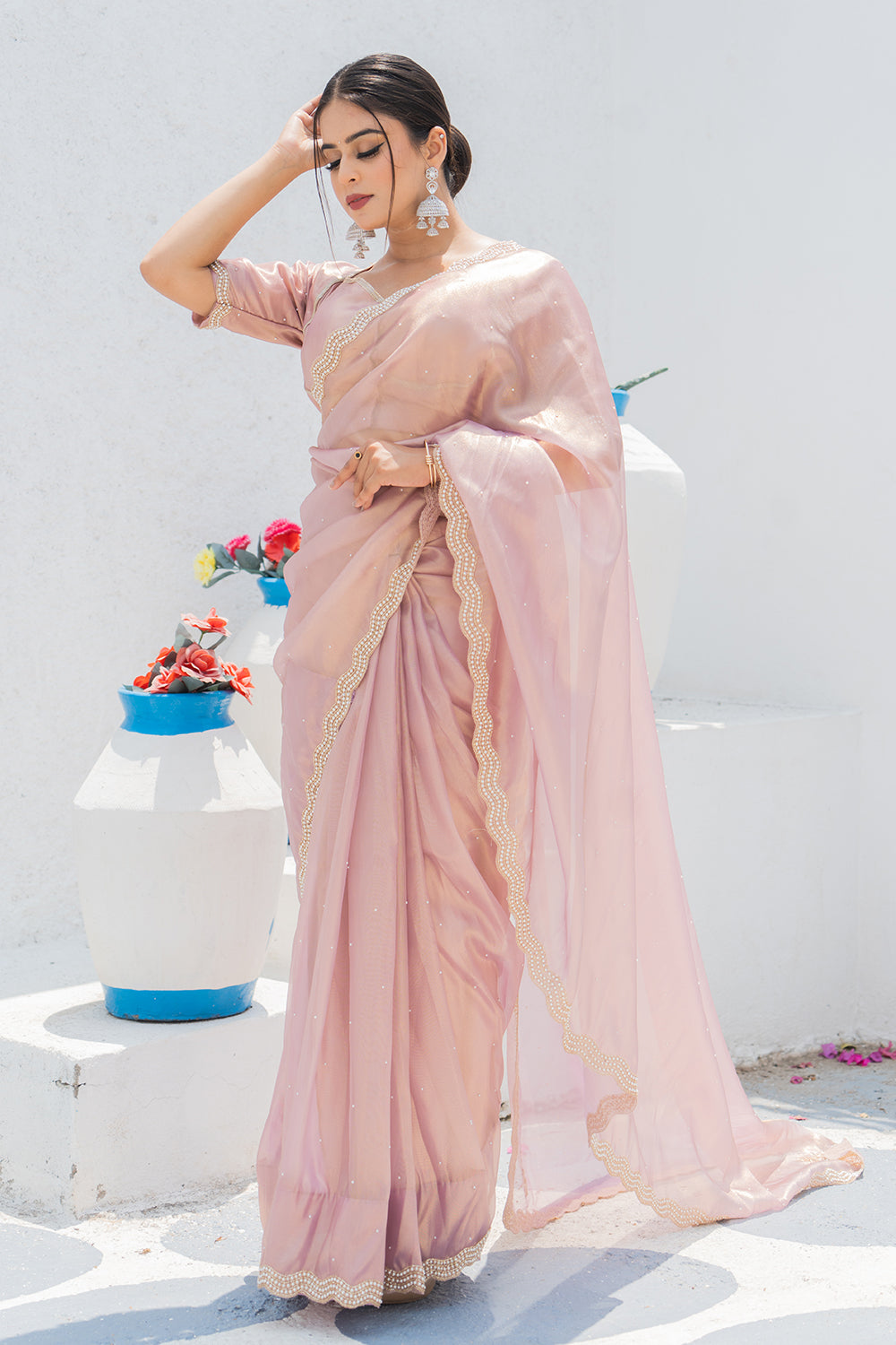 Sea Green Shimmer Organza Saree with Pearl and Sequin work