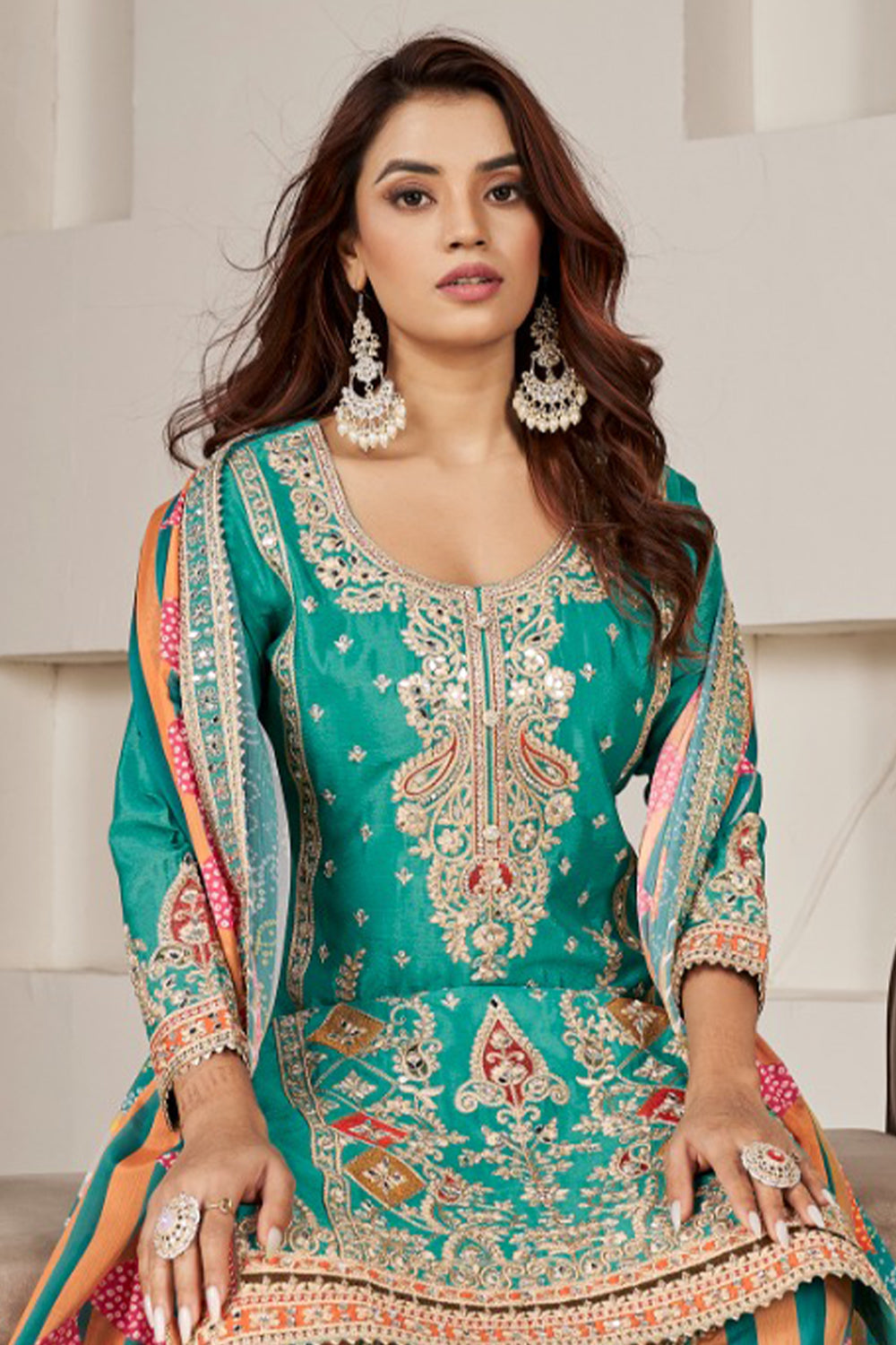 Green Silk Suit with Zari Embroidery with Designer Dhoti Pant & Dupatta