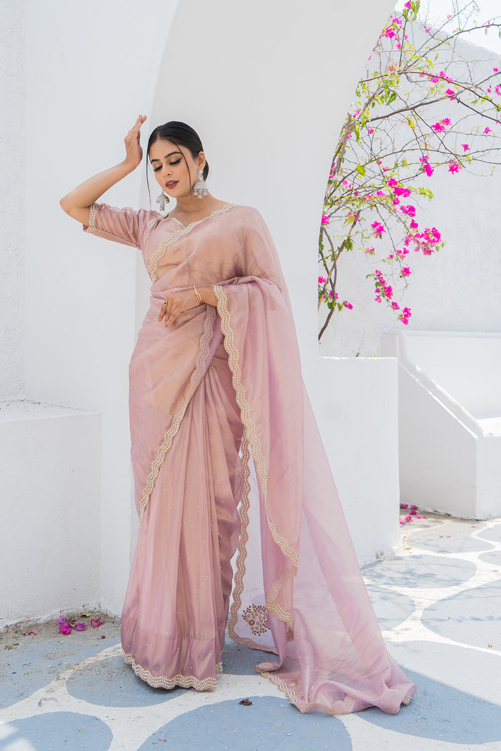 Sea Green Shimmer Organza Saree with Pearl and Sequin work