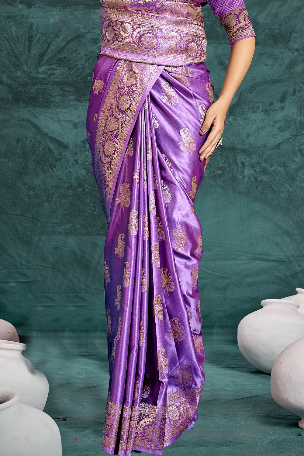 Purple Banarasi Satin Silk Rich Pallu Saree with Silver Zari Weaving Detailing