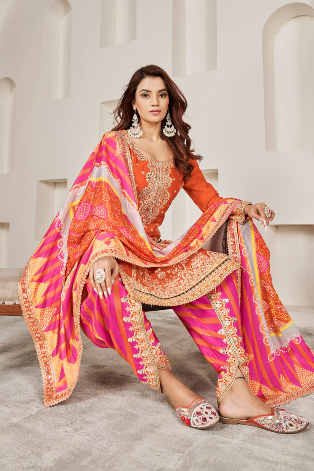 Orange Silk Suit with Zari Embroidery with Designer Dhoti Pant & Dupatta