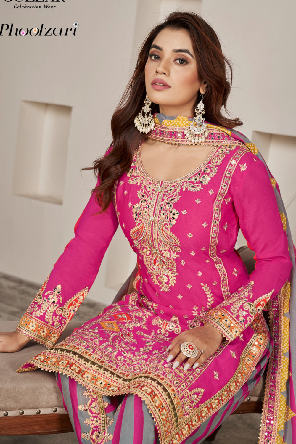 Magenta Pink Silk Suit with Zari Embroidery with Designer Dhoti Pant & Dupatta