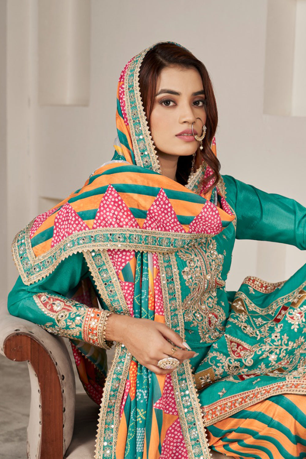 Green Silk Suit with Zari Embroidery with Designer Dhoti Pant & Dupatta