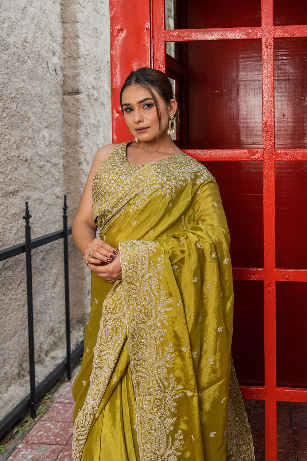 Two Blouse Concept – Rust Orange Crepe Silk Saree with Sequin and Zari Work