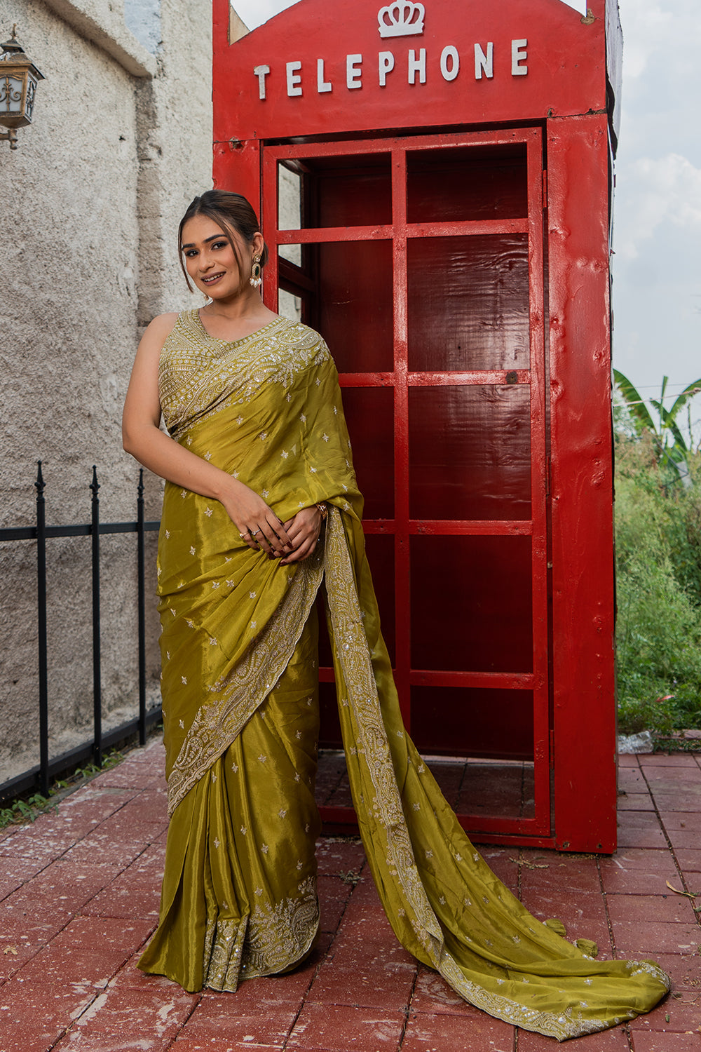 Two Blouse Concept – Mehendi Green Crepe Silk Saree with Sequin and Zari Work