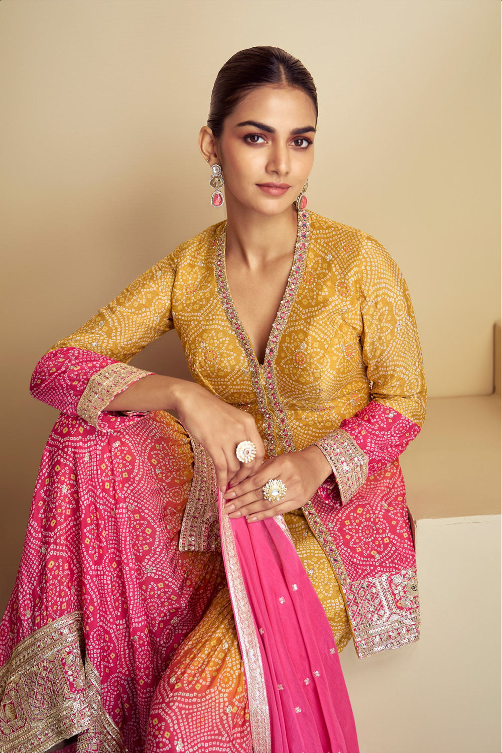 Yellow Pink Bandhani Print Sharara Silk Suit with Zari Work and Matching Dupatta