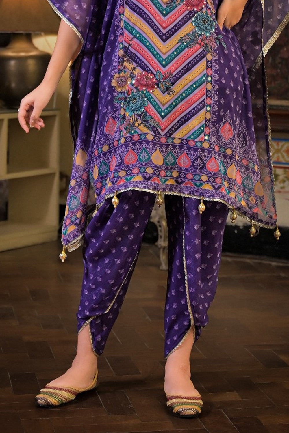 Purple Georgette Dhoti-Pattern Cord Set Suit with Zari Work