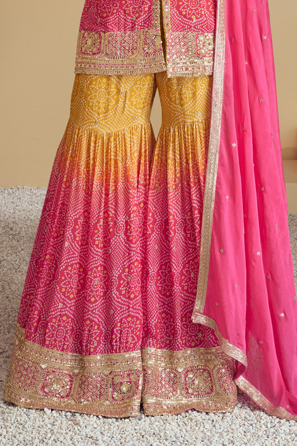 Yellow Pink Bandhani Print Sharara Silk Suit with Zari Work and Matching Dupatta