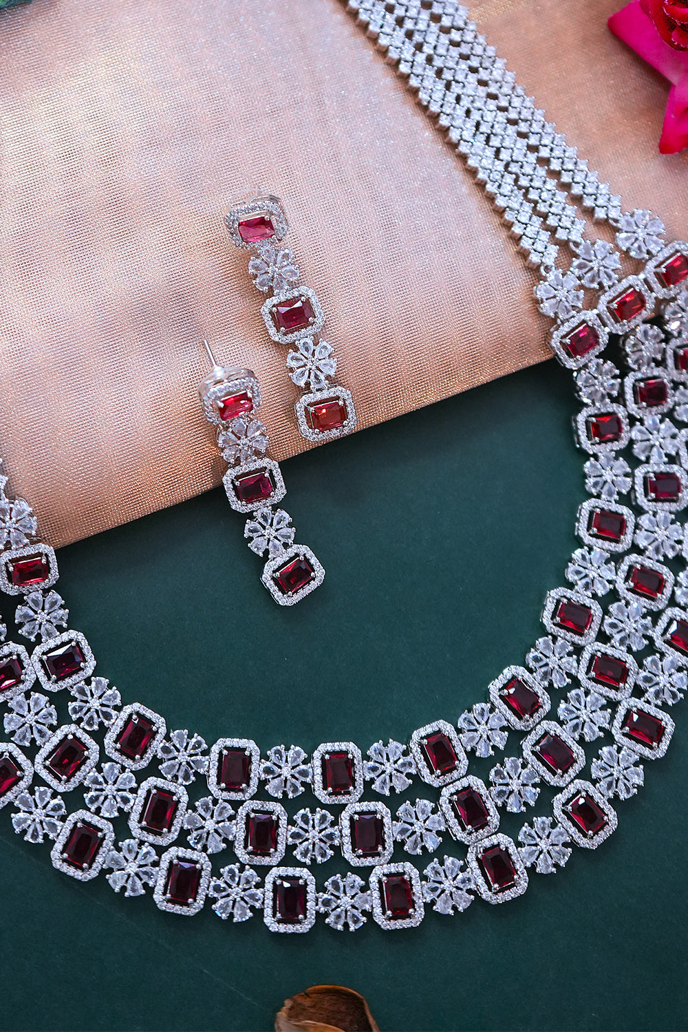 Ruby American Diamond 3-Layer Grand Necklace with Earrings Jewellery Set