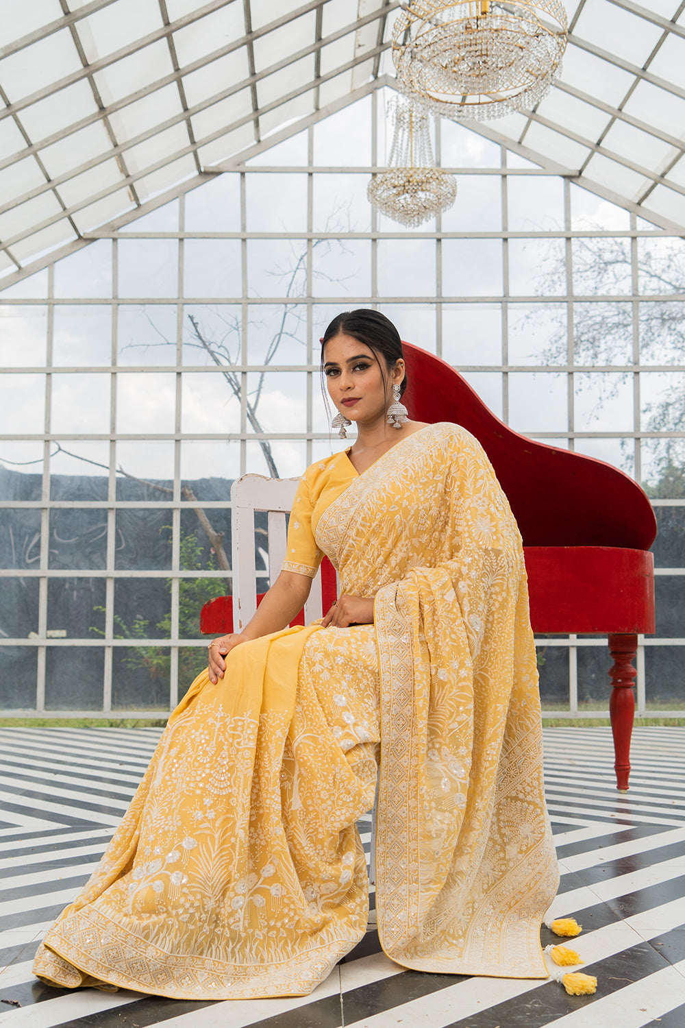 Teal Blue Lucknowi Georgette Saree with Beautiful Tassels and Zari Work