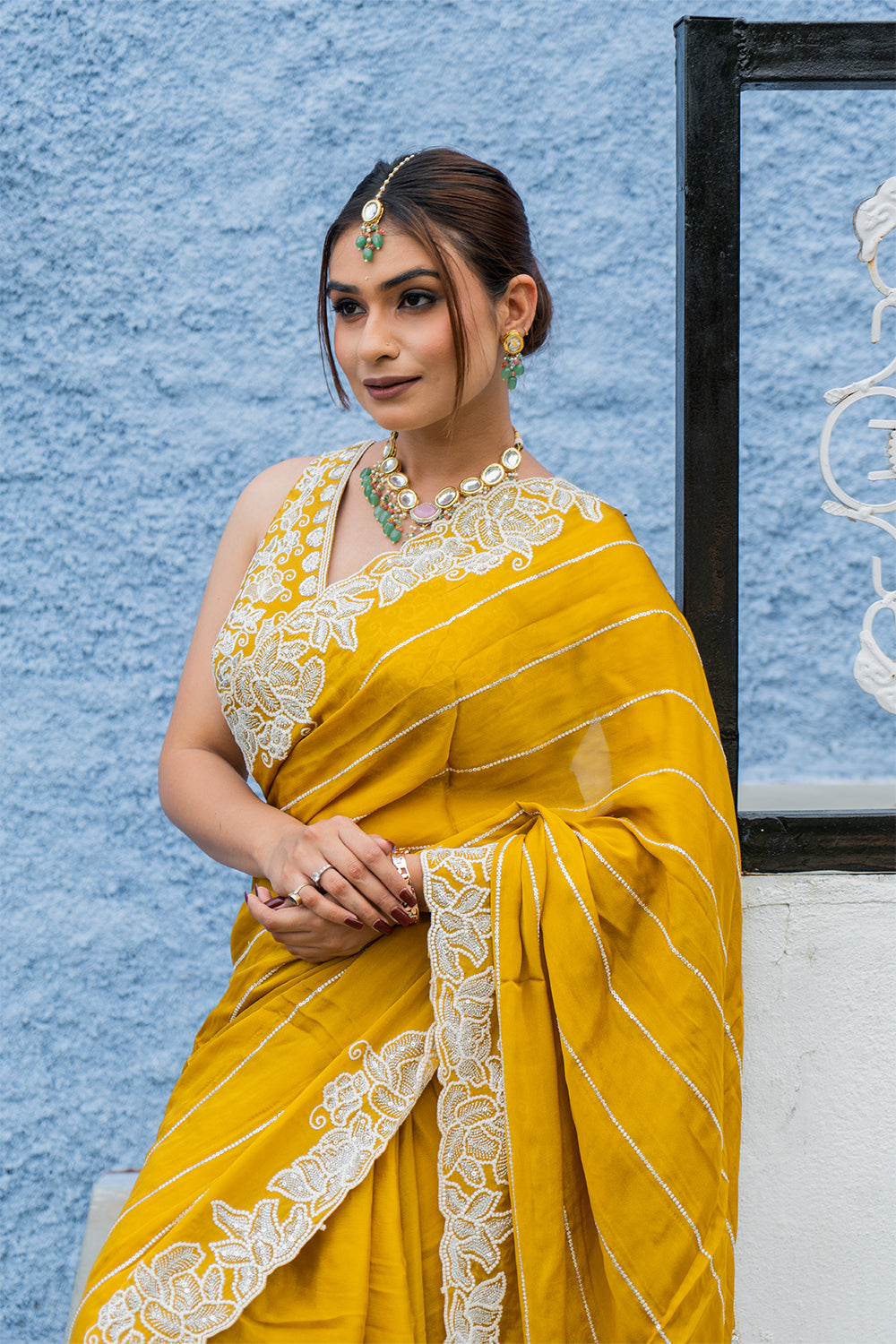 Two Blouse Concept – Black Designer Georgette Saree with White and Silver Embroidery
