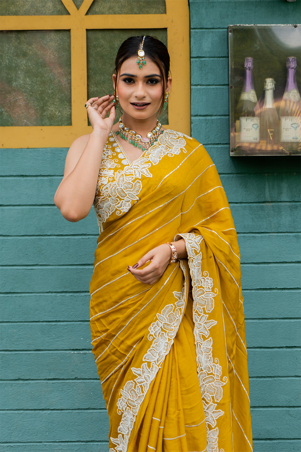 Two Blouse Concept – Marigold Yellow Designer Georgette Saree with White and Silver Embroidery