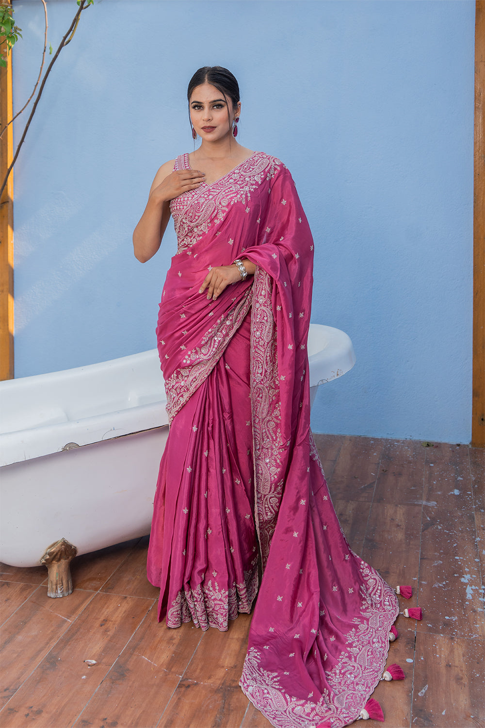 Two Blouse Concept – Mehendi Green Crepe Silk Saree with Sequin and Zari Work