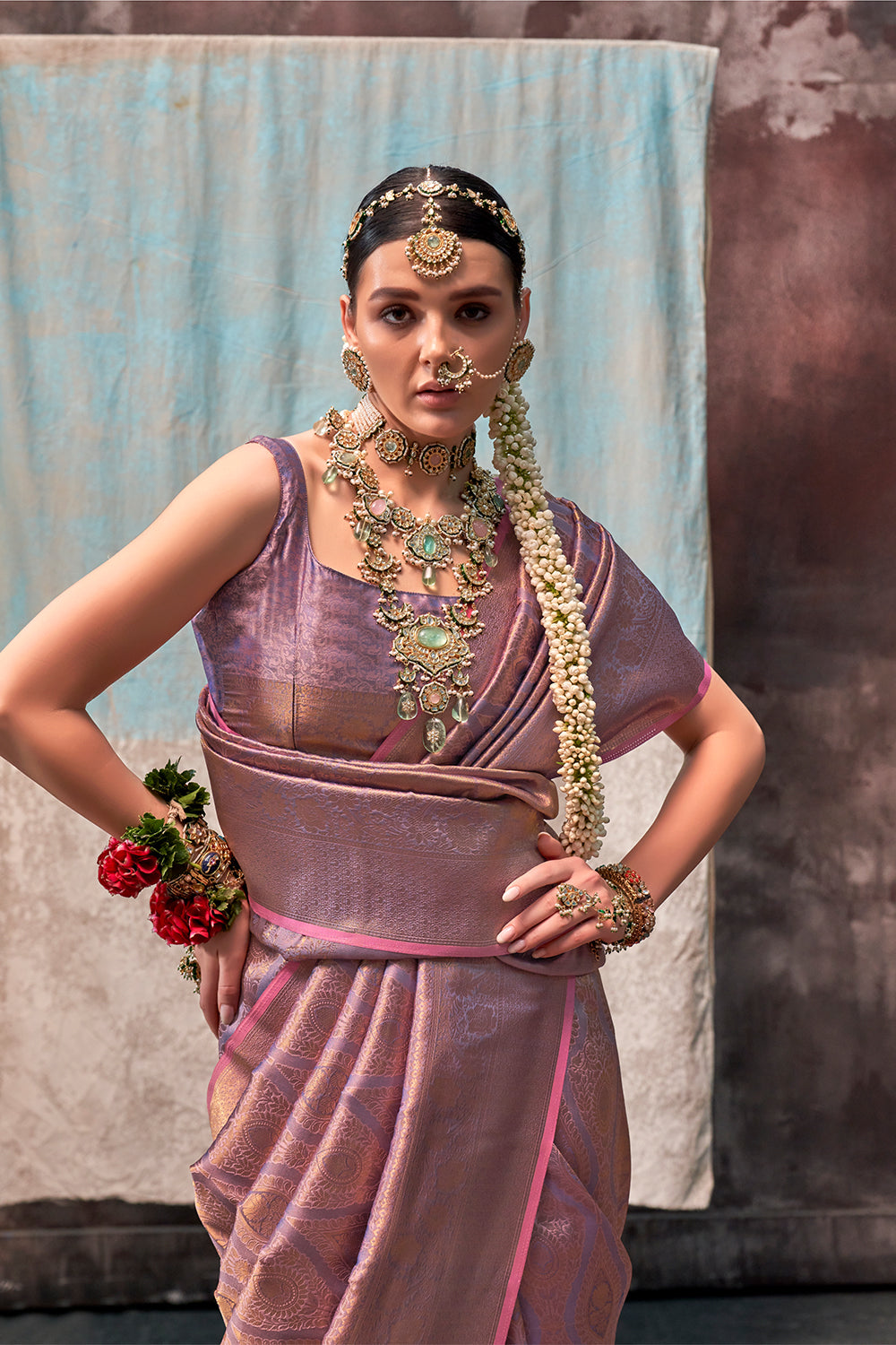 Two-Tone Peach Weaving Silk Saree with Contrast Selvage Border