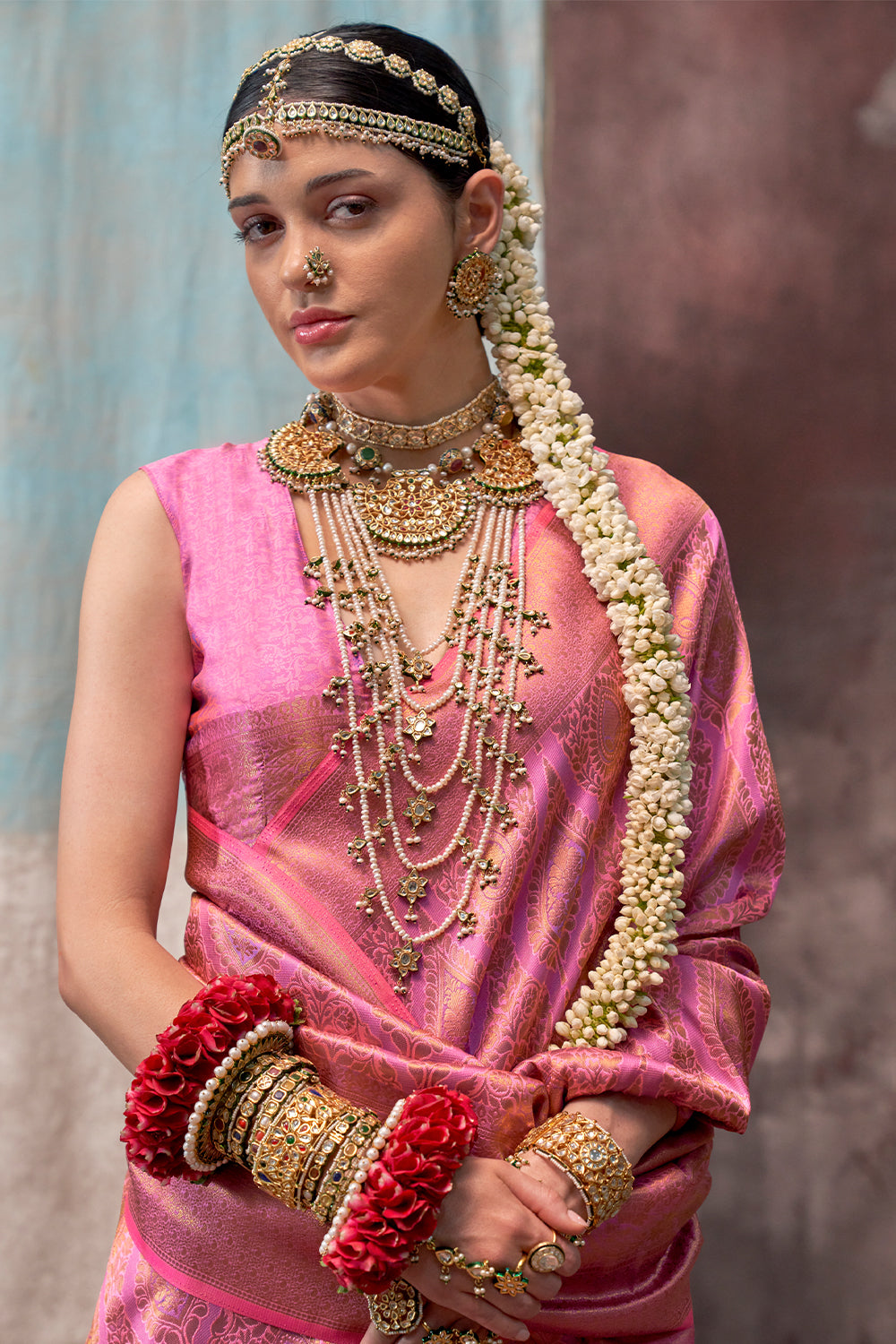 Two-Tone Baby Pink Weaving Silk Saree with Contrast Selvage Border