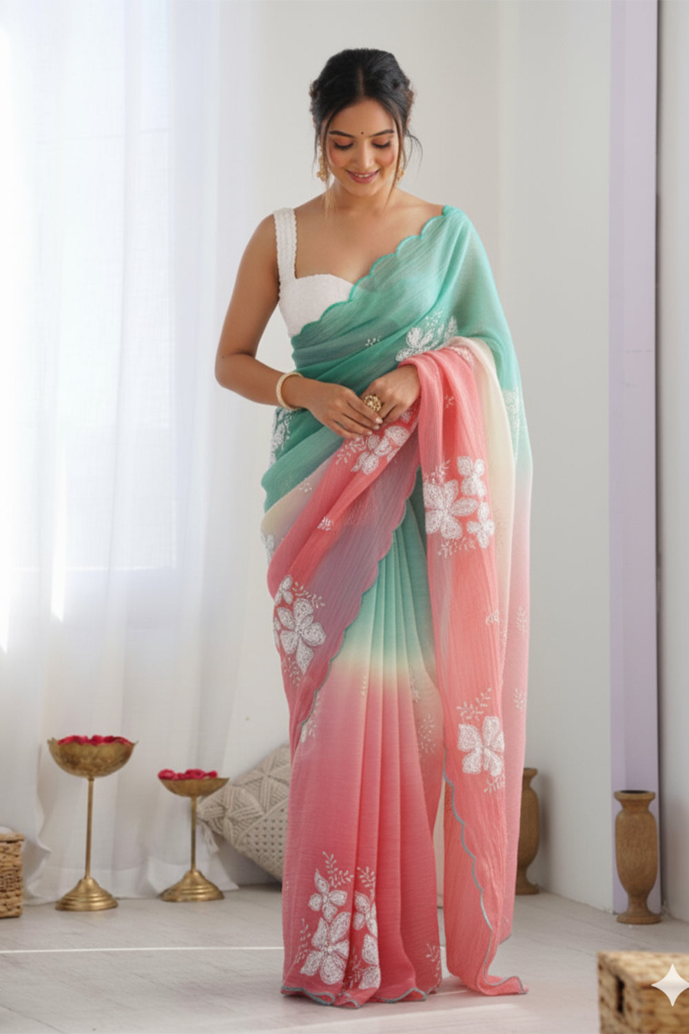 Green Magenta Pastel Shaded Chinon Silk Saree with Sequin Embroidery & Khatli Border