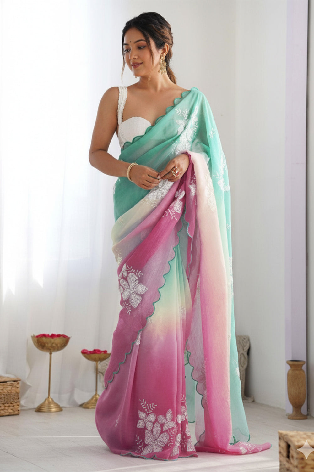 Green Magenta Pastel Shaded Chinon Silk Saree with Sequin Embroidery & Khatli Border