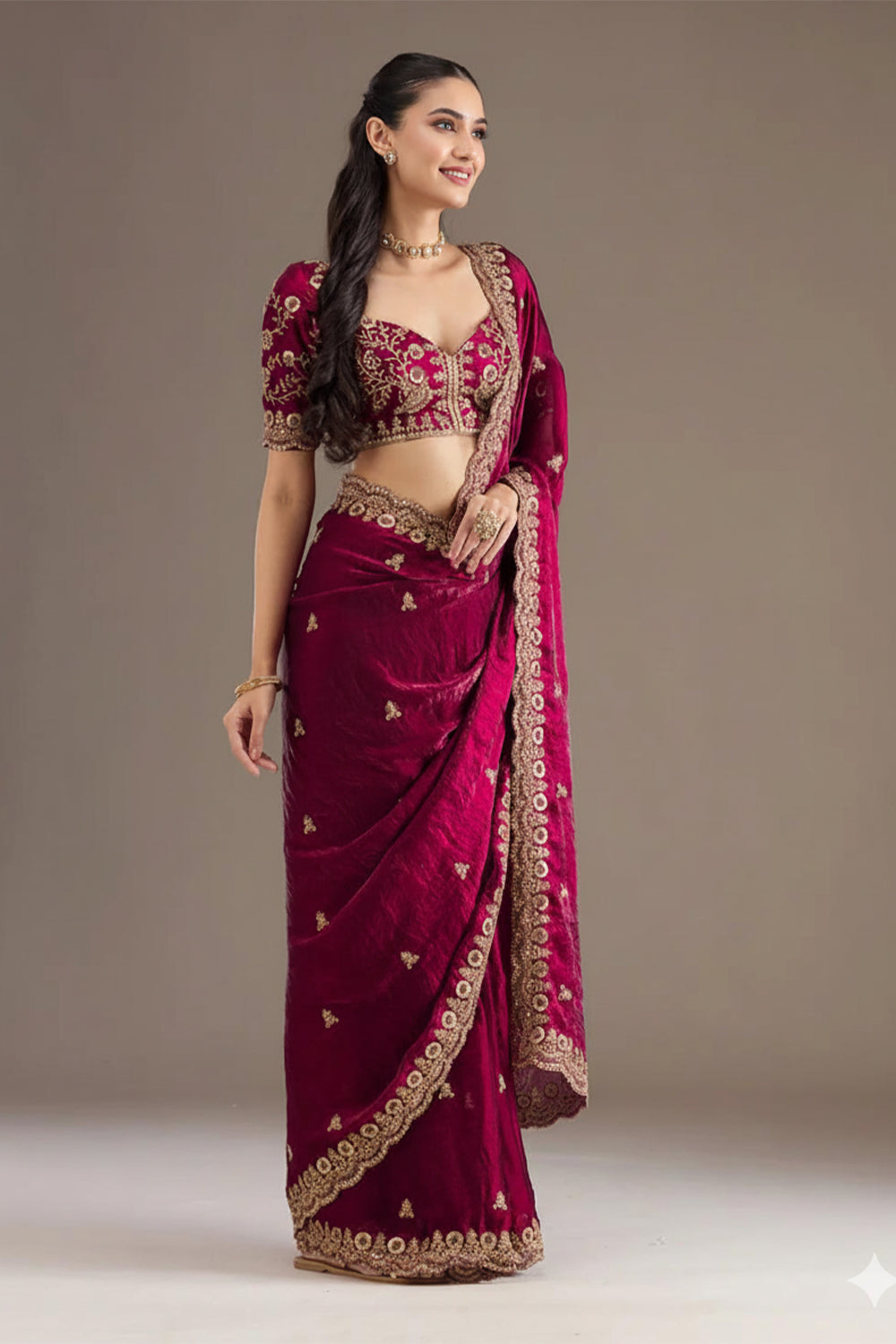 Wine Red Crepe Silk Saree with Zari Embroidery Work