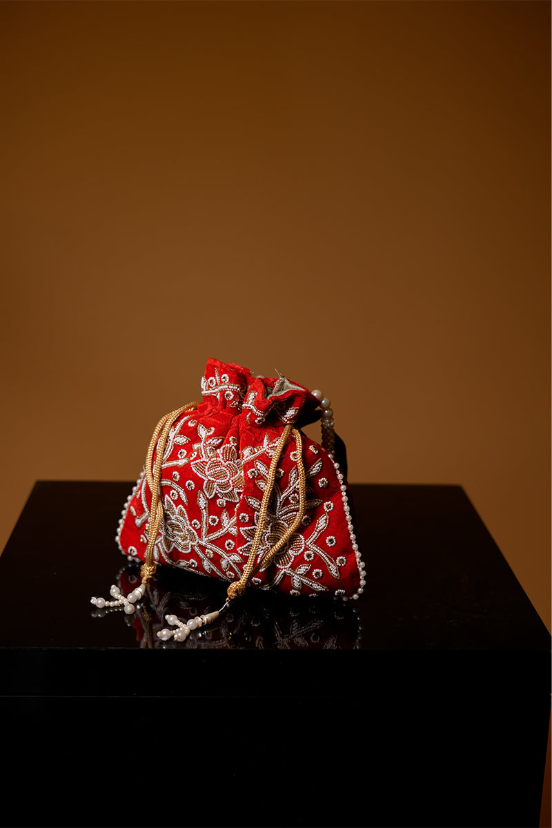 Handwork Red Pearl and Bead Potli with Pearl Handle and Velvet Base