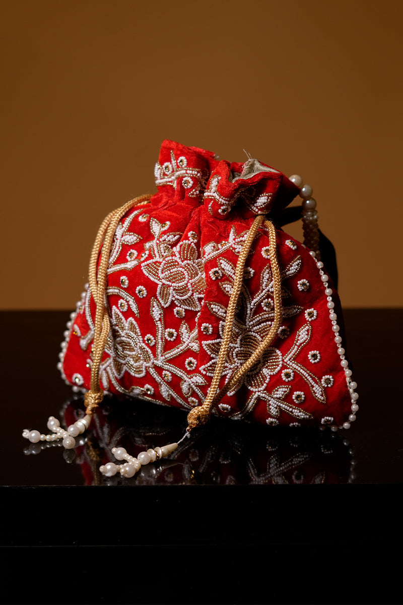 Handwork Red Pearl and Bead Potli with Pearl Handle and Velvet Base