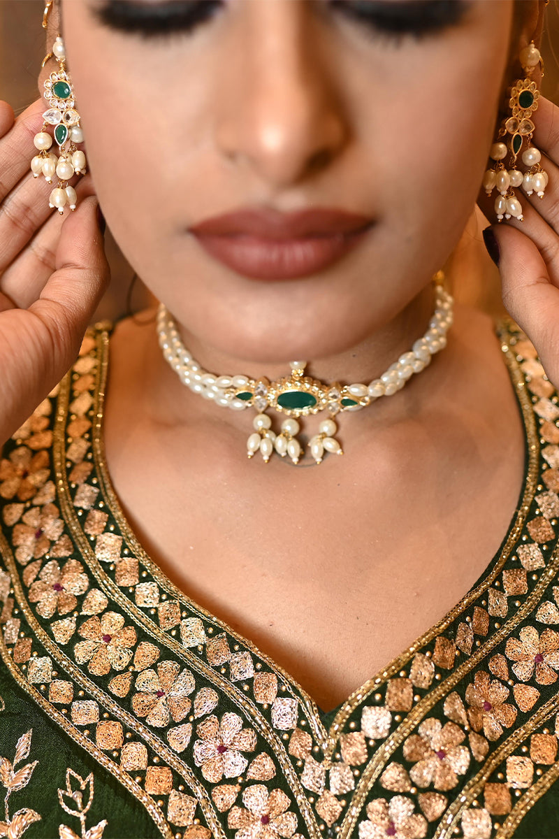 Pearl Emerald Kundan Stone Choker Jewellery