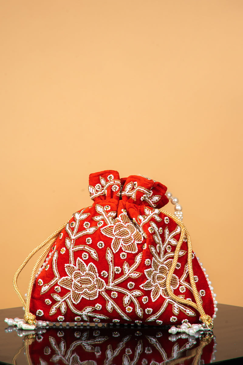 Handwork Red Pearl and Bead Potli with Pearl Handle and Velvet Base