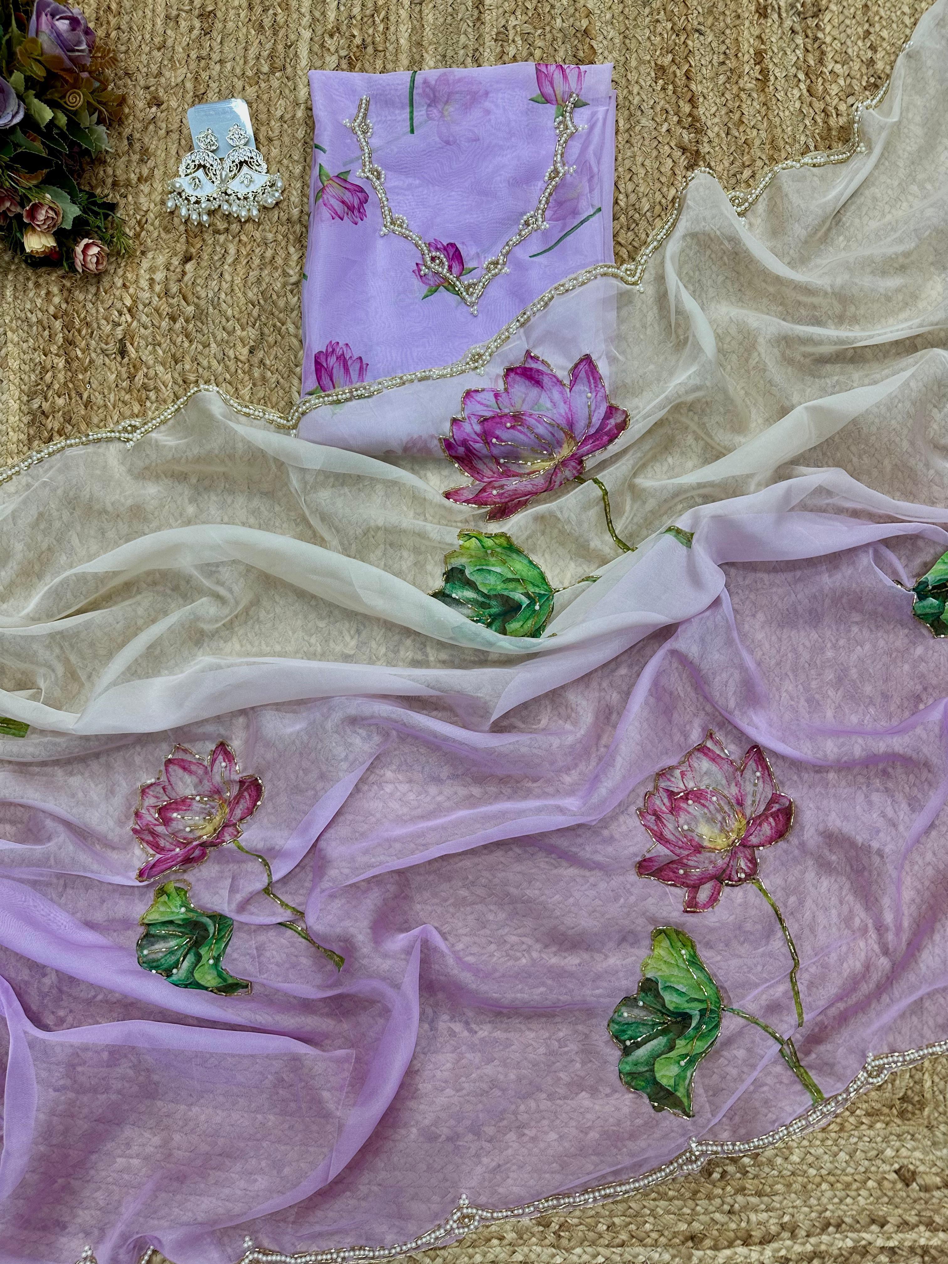 Light Purple Soft Tebi Silk Shaded Saree with Floral Digital Print & Moti Handwork Border