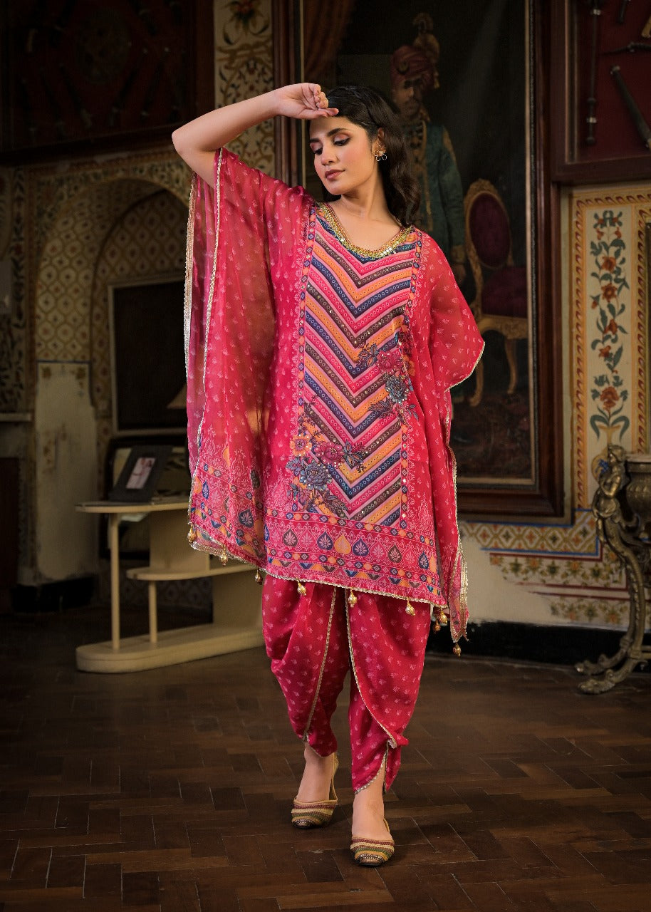 Pink Georgette Dhoti-Pattern Cord Set Suit with Zari Work