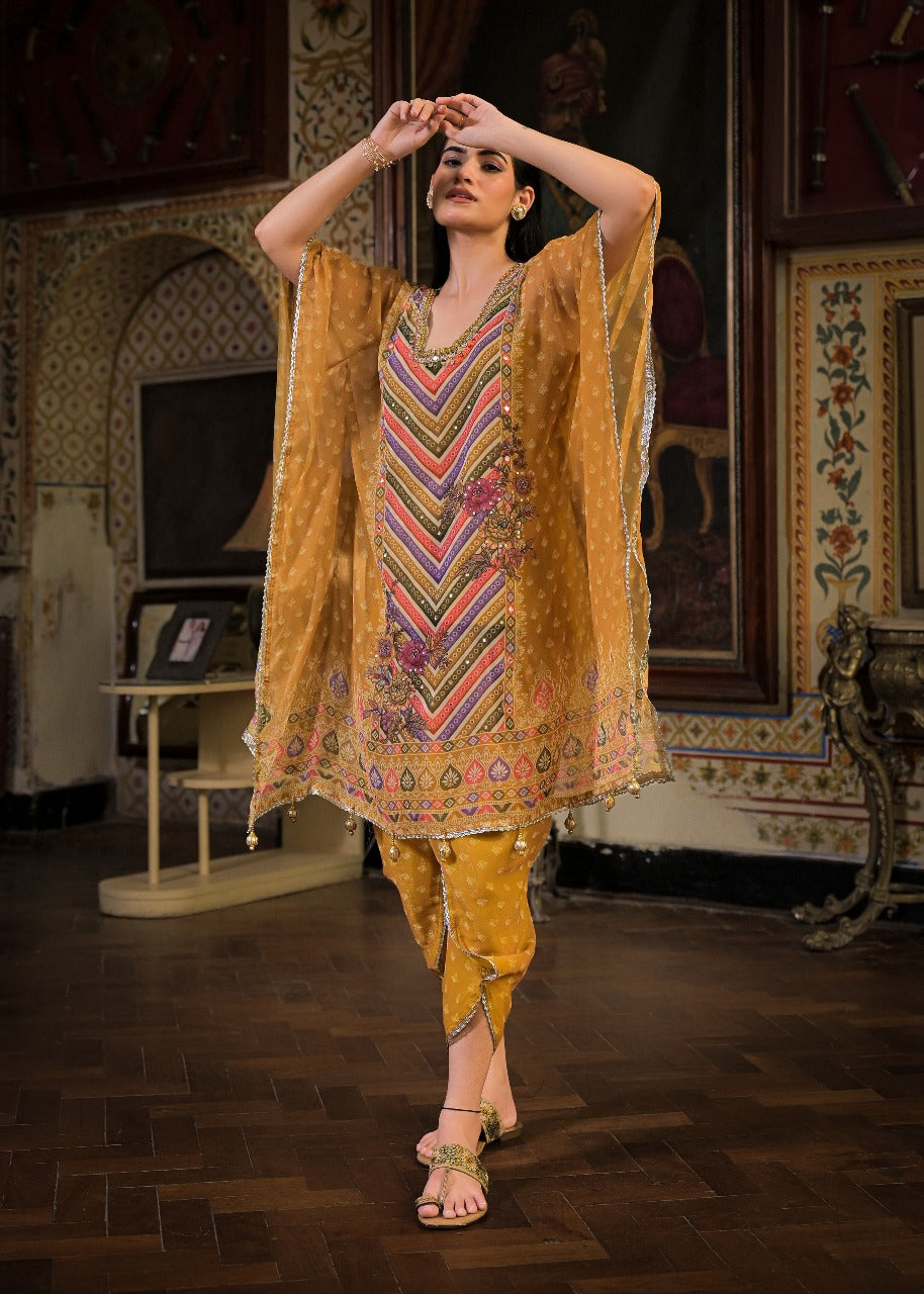 Marigold Yellow Georgette Dhoti-Pattern Cord Set Suit with Zari Work