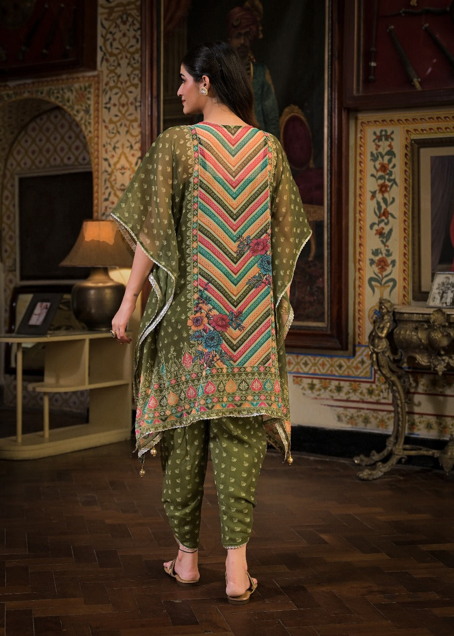 Mehndi Green Georgette Dhoti-Pattern Cord Set Suit with Zari Work