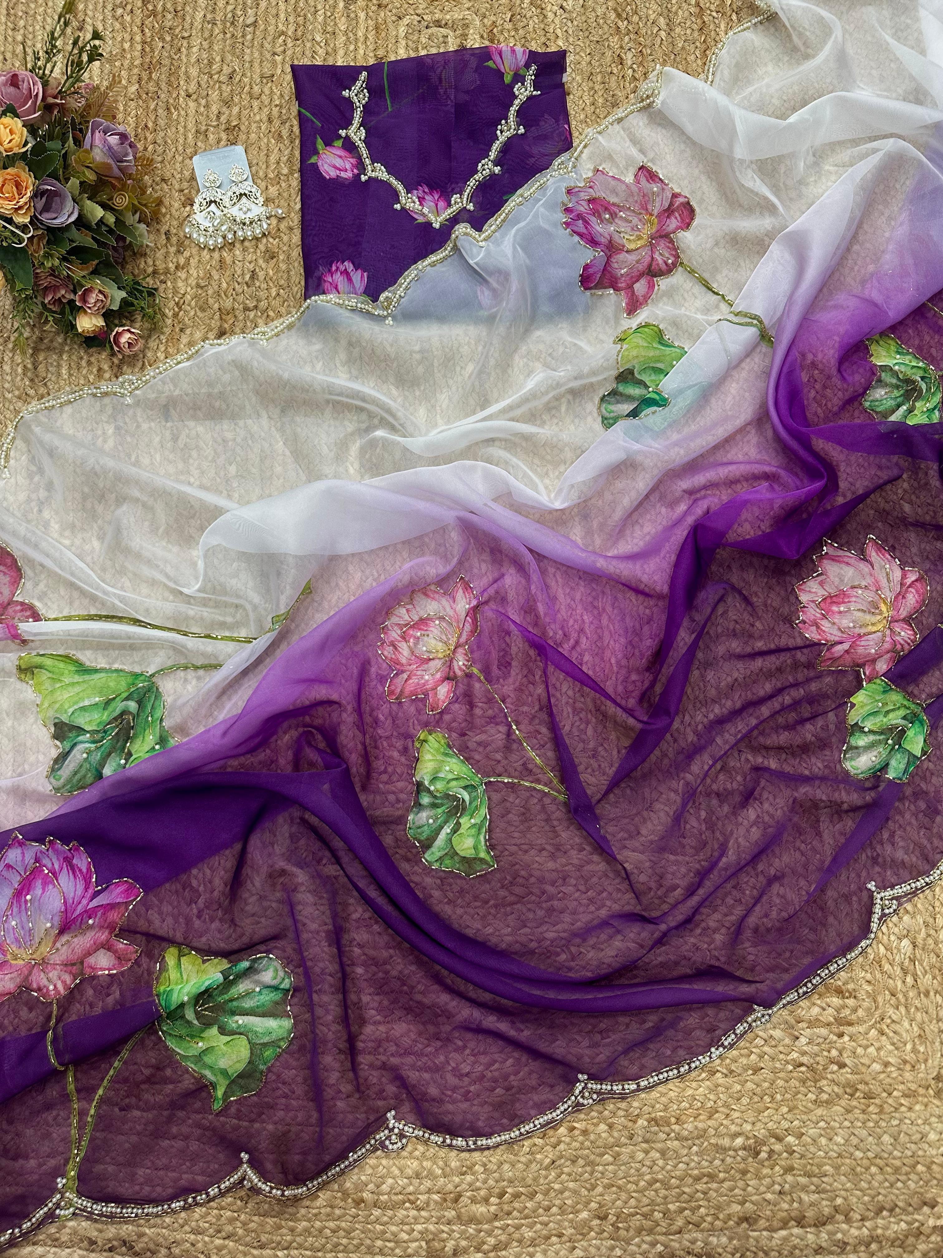 Dark Purple Tebi Twin Silk Saree with Floral Digital Print & Moti Handwork Border