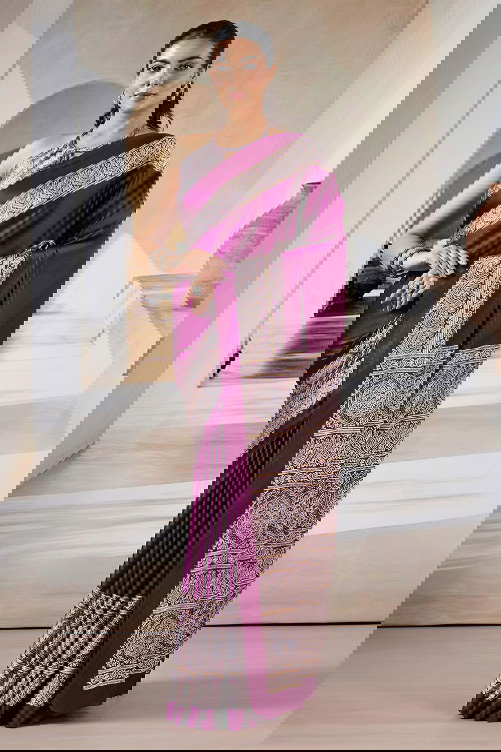 Wine Red Pure Satin Modal Silk Saree with Ajrakh Print - Mayrake.in