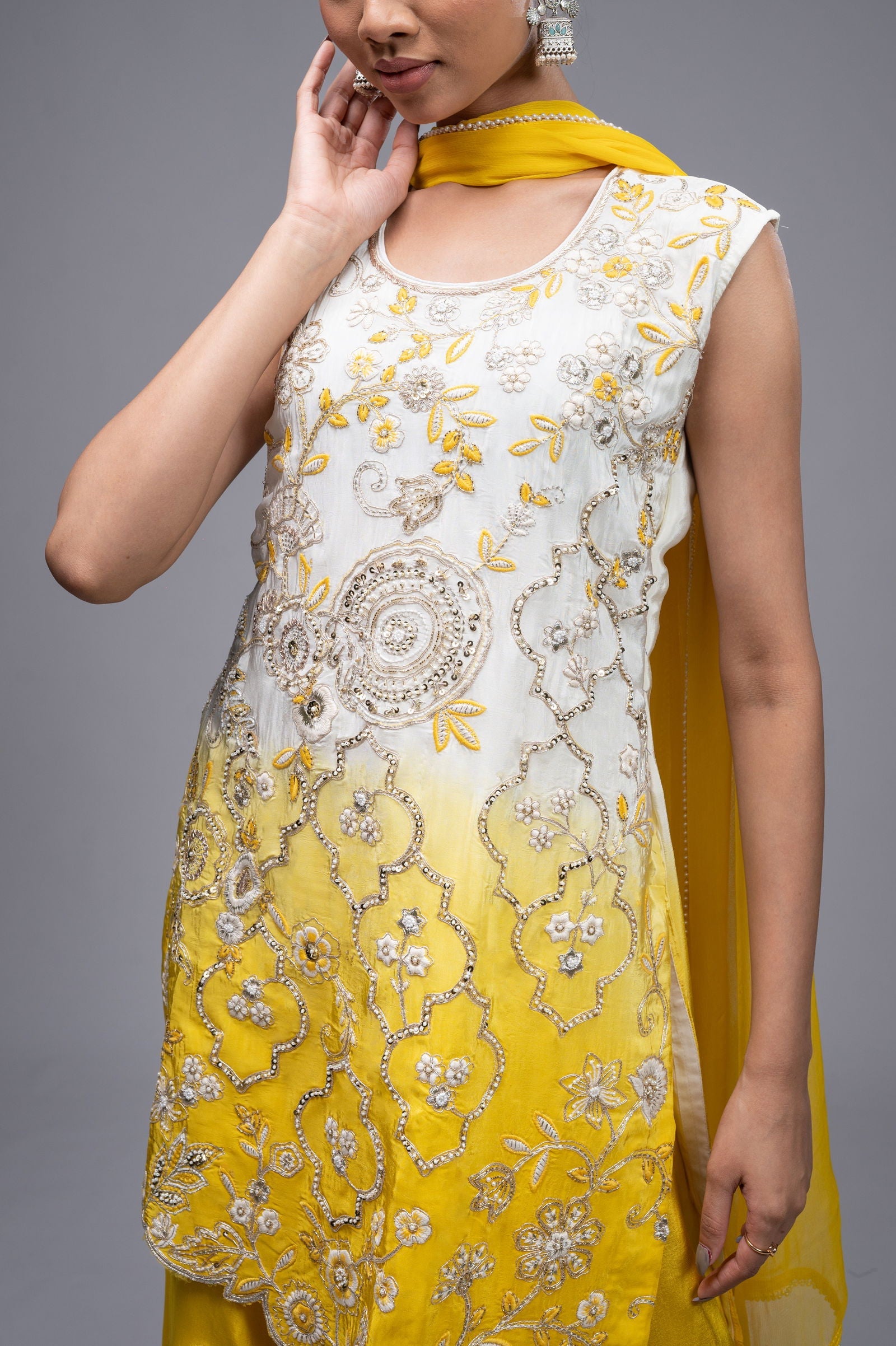 Yellow-Ivory Cream Shaded Crepe Palazzo Suit with Pearl Embroidered Work - Mayrake.in