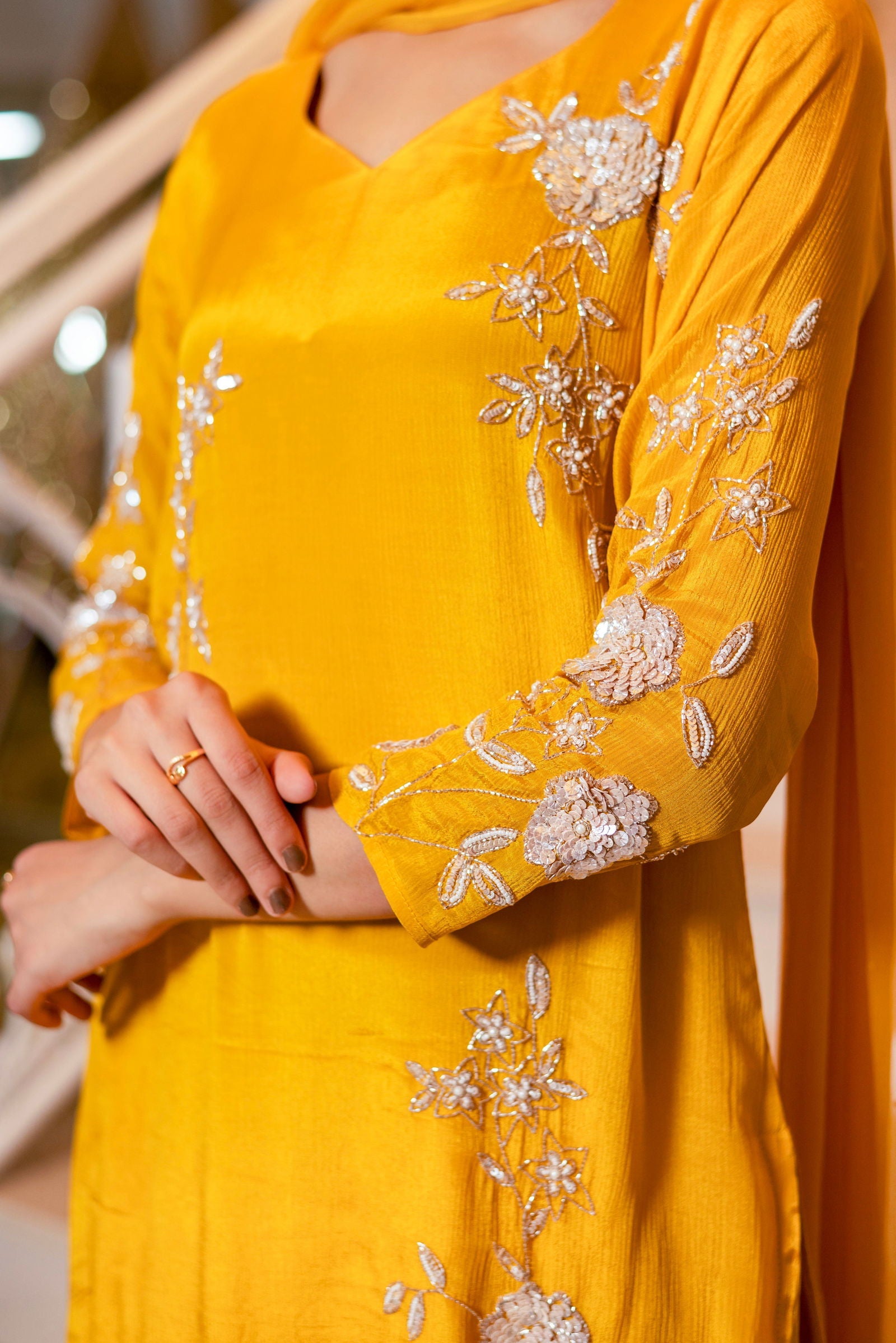 Yellow Chiffon Hand Embriodered Kurta with Palazzo Set - Mayrake.in