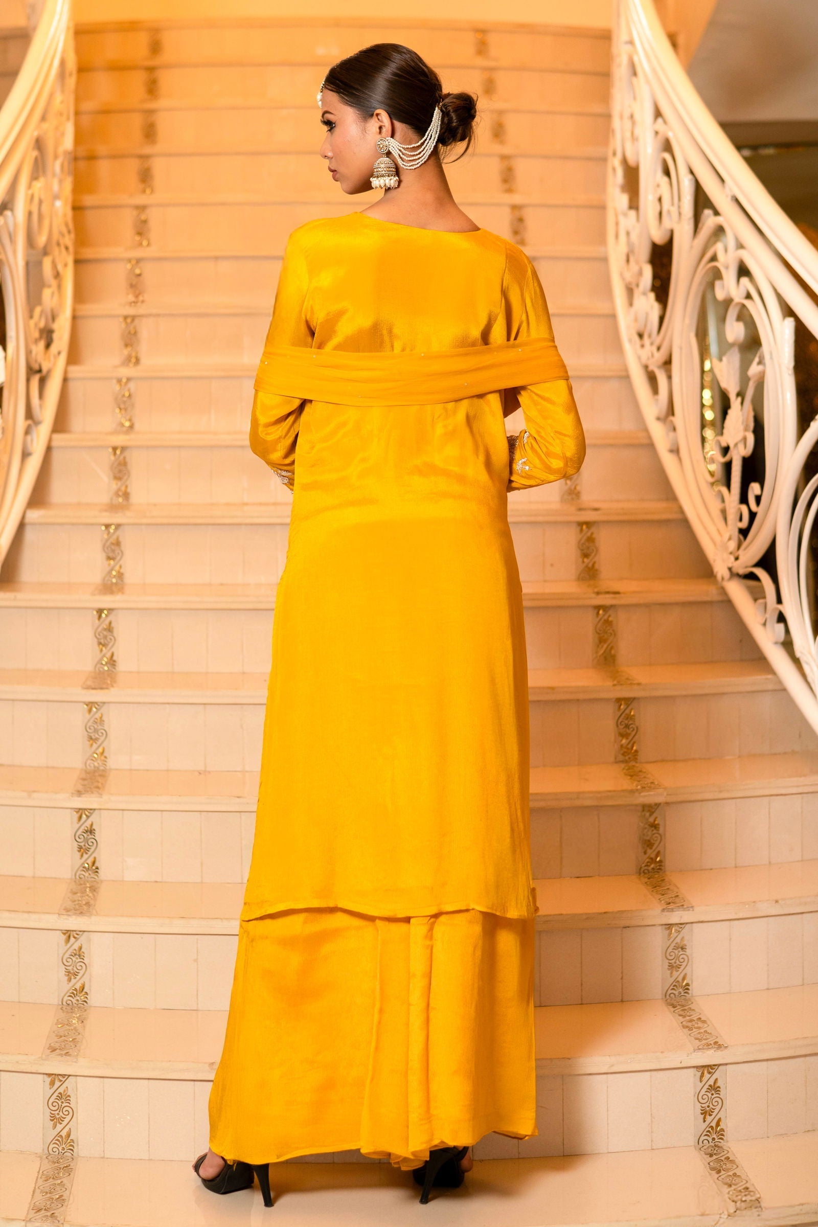 Yellow Chiffon Hand Embriodered Kurta with Palazzo Set - Mayrake.in